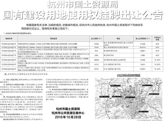 杭州市国土资源局国有建设用地使用权挂牌出让公告